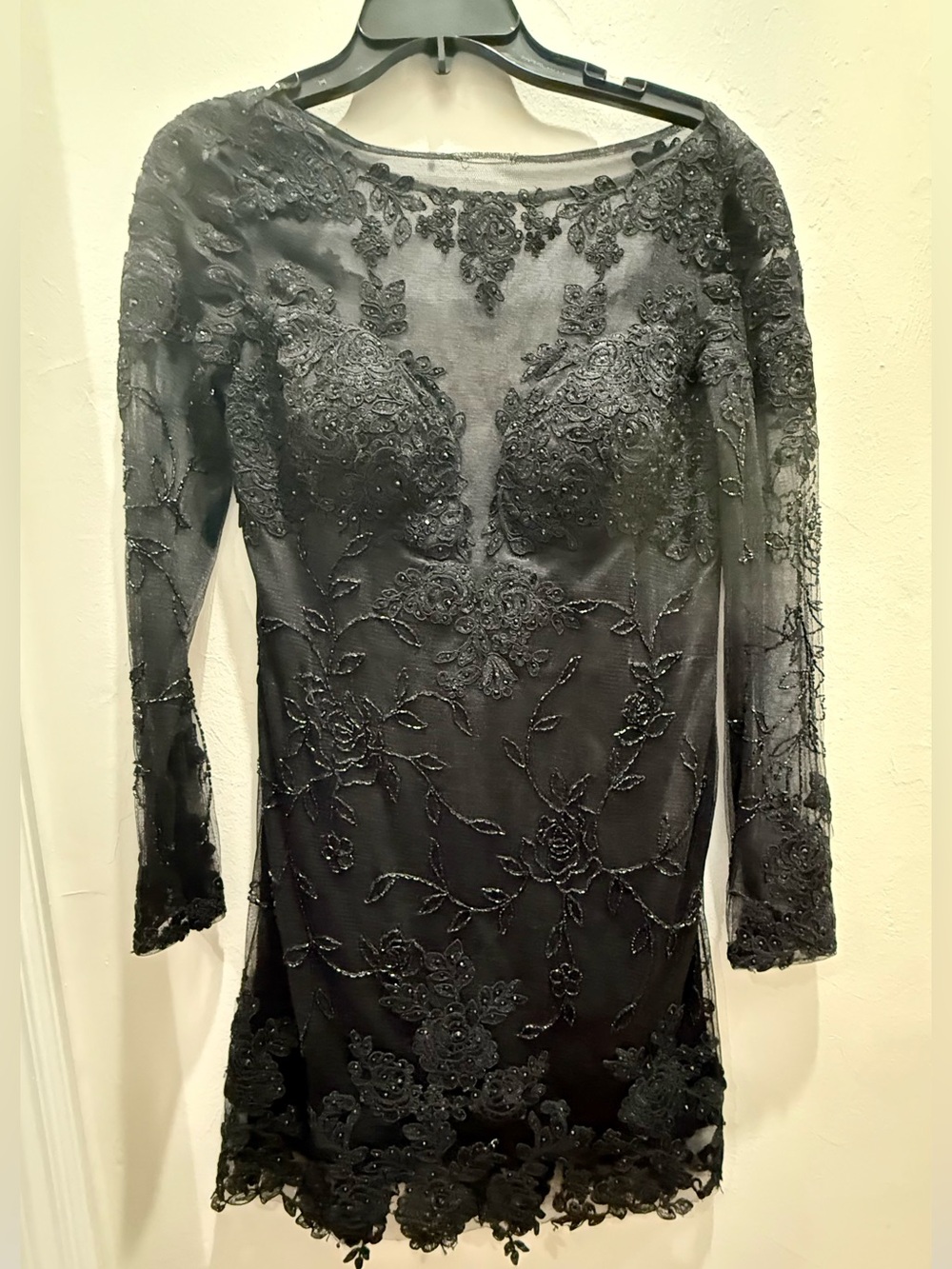 Vintage Dave & Johnny Black Beaded Lace Sheer Mini Dress 9/10 Y2K